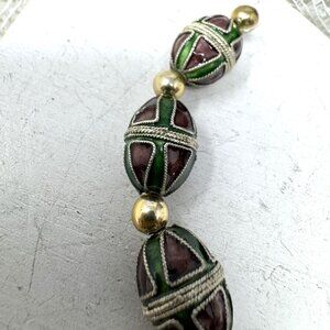 Vintage Silver & Enamel Beads With Intricate Green & Brown Design 15 mm